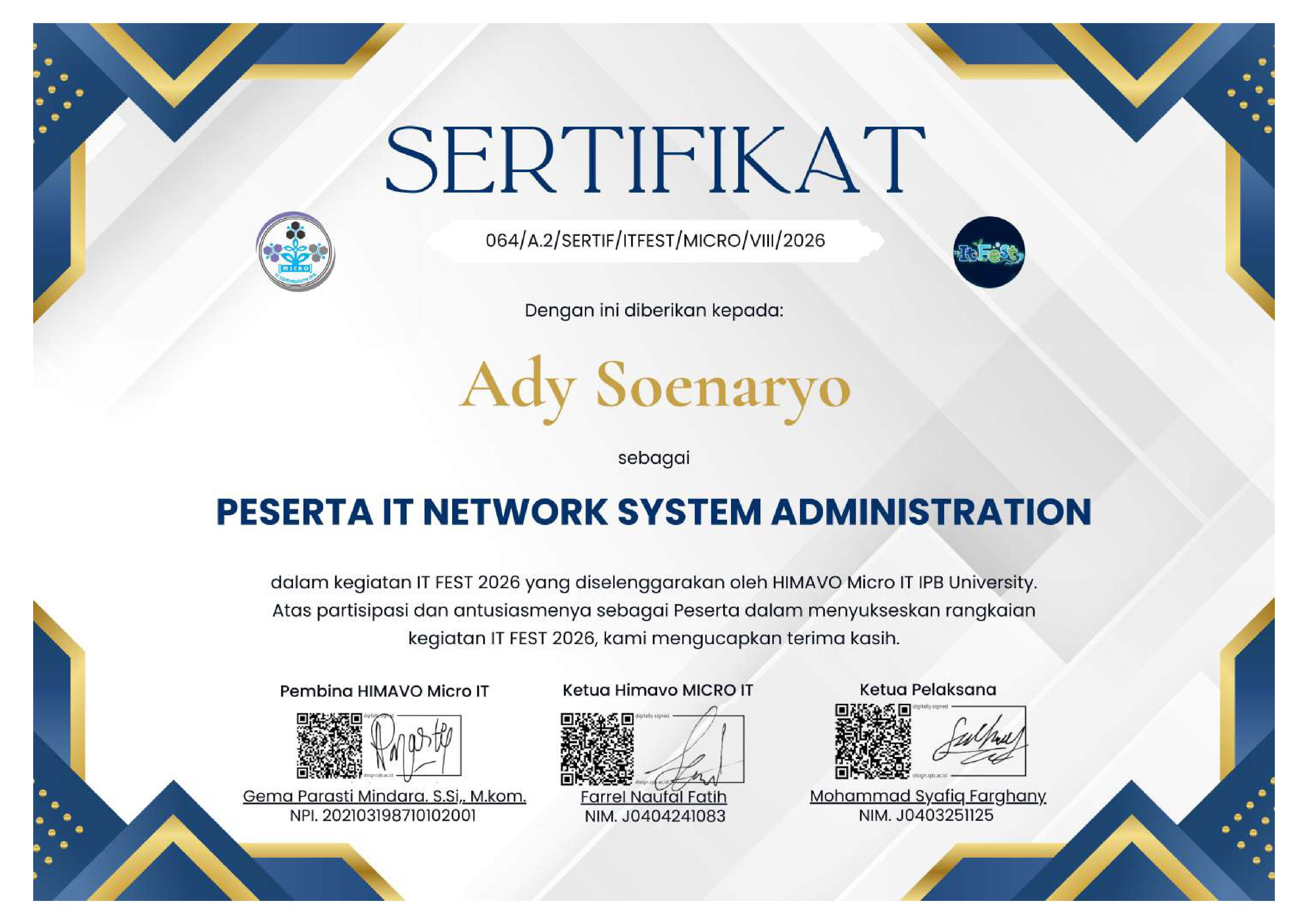 Certificate - ITFest by IPB, Network System Administrator